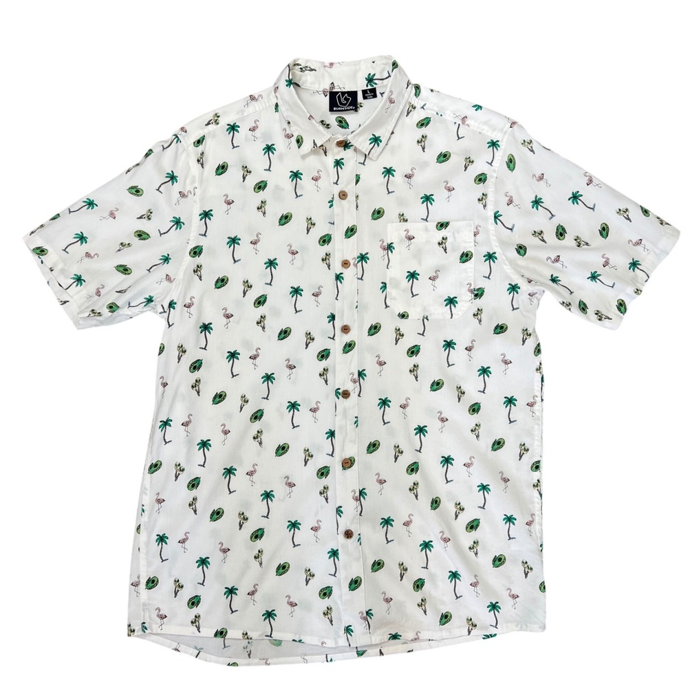 Burnside Mens Flamingo Avocado Palm Tropical Print Button Up Shirt White Large